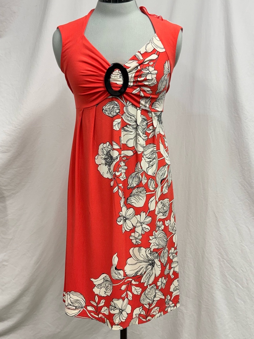 dressbarn Orange Floral Midi Dress with Black Accent